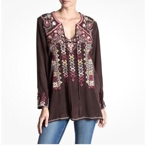 Johnny Was Biya Silk Tunic Blouse Embroidered Boho Chic Size Small Brown